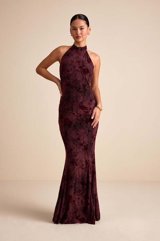 Image of Sitara Burgundy Abstract Jersey Burnout Velvet Halter Maxi Dress
