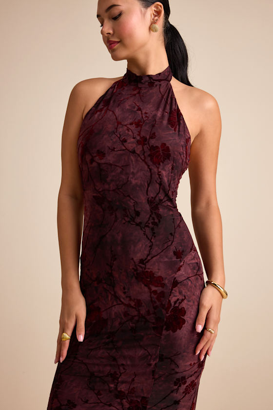 Sitara Brown Abstract Jersey Burnout Velvet Halter Maxi Dress 2