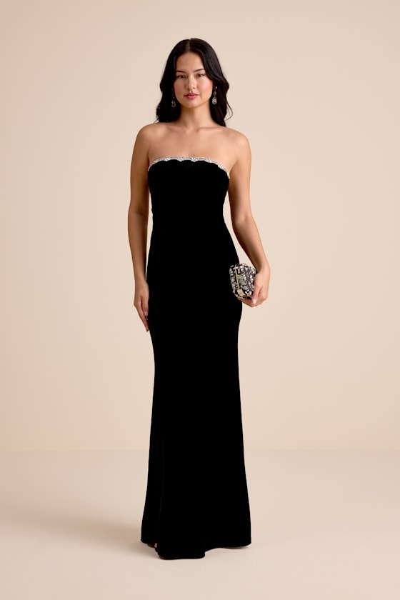 Leesa Black Velvet Rhinestone Mermaid Maxi Dress 2