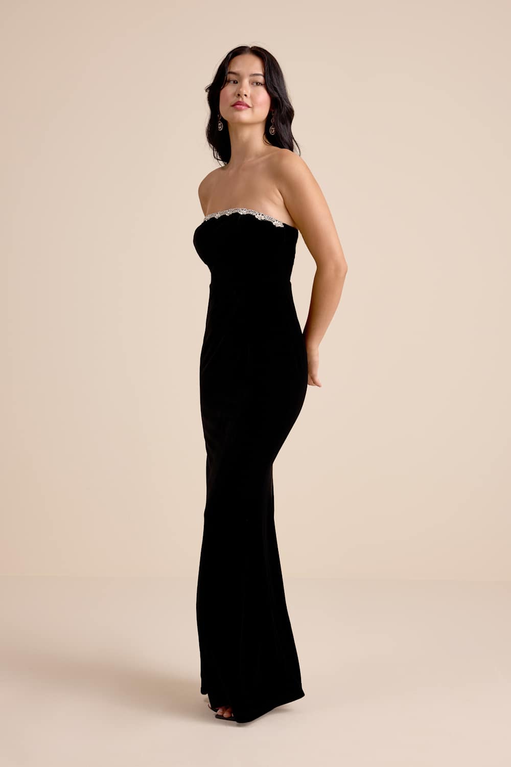 Leesa Black Velvet Rhinestone Mermaid Maxi Dress