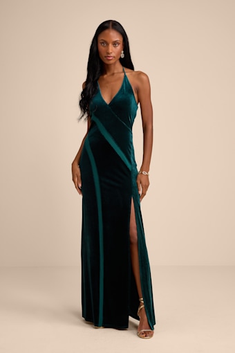 Maxwell Dark Green Velvet Halter Maxi Dress 1
