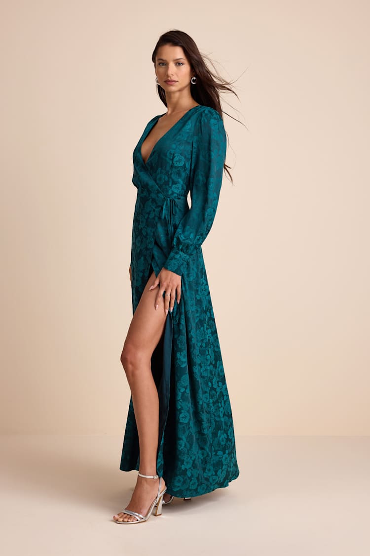 Lulus | Teal Green Satin Jacquard Wrap Maxi Dress | Womens | Medium (Available in XS, S) | 100% Polyester