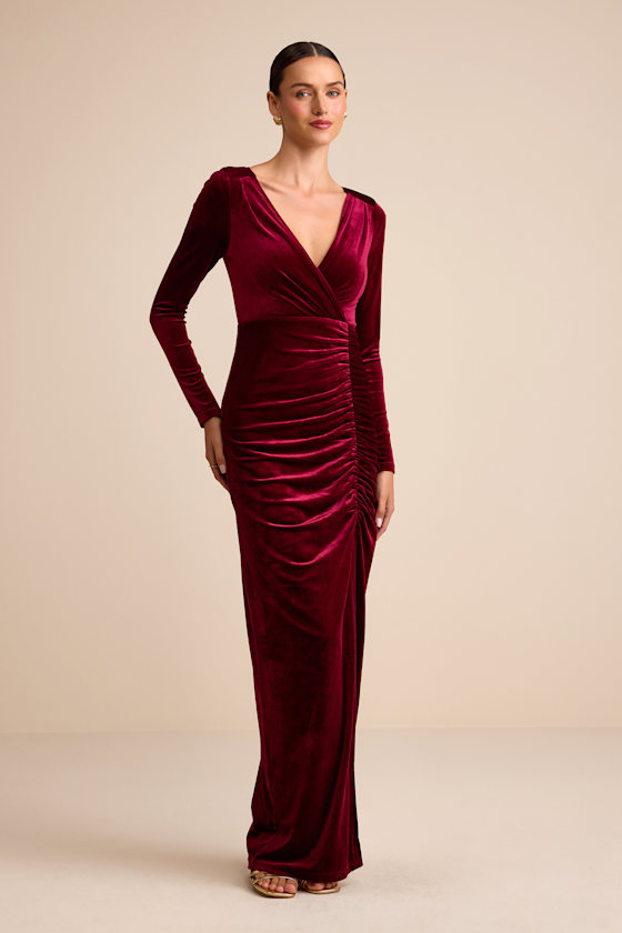 Yasna Burgundy Velvet Ruched Surplice Long Sleeve Maxi Dress 1