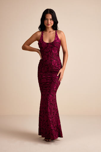Renissa Plum Burnout Velvet Backless Mermaid Maxi Dress 1
