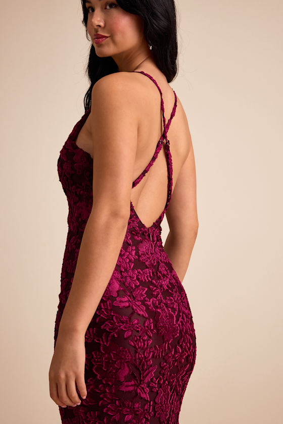 Renissa Plum Burnout Velvet Backless Mermaid Maxi Dress 2