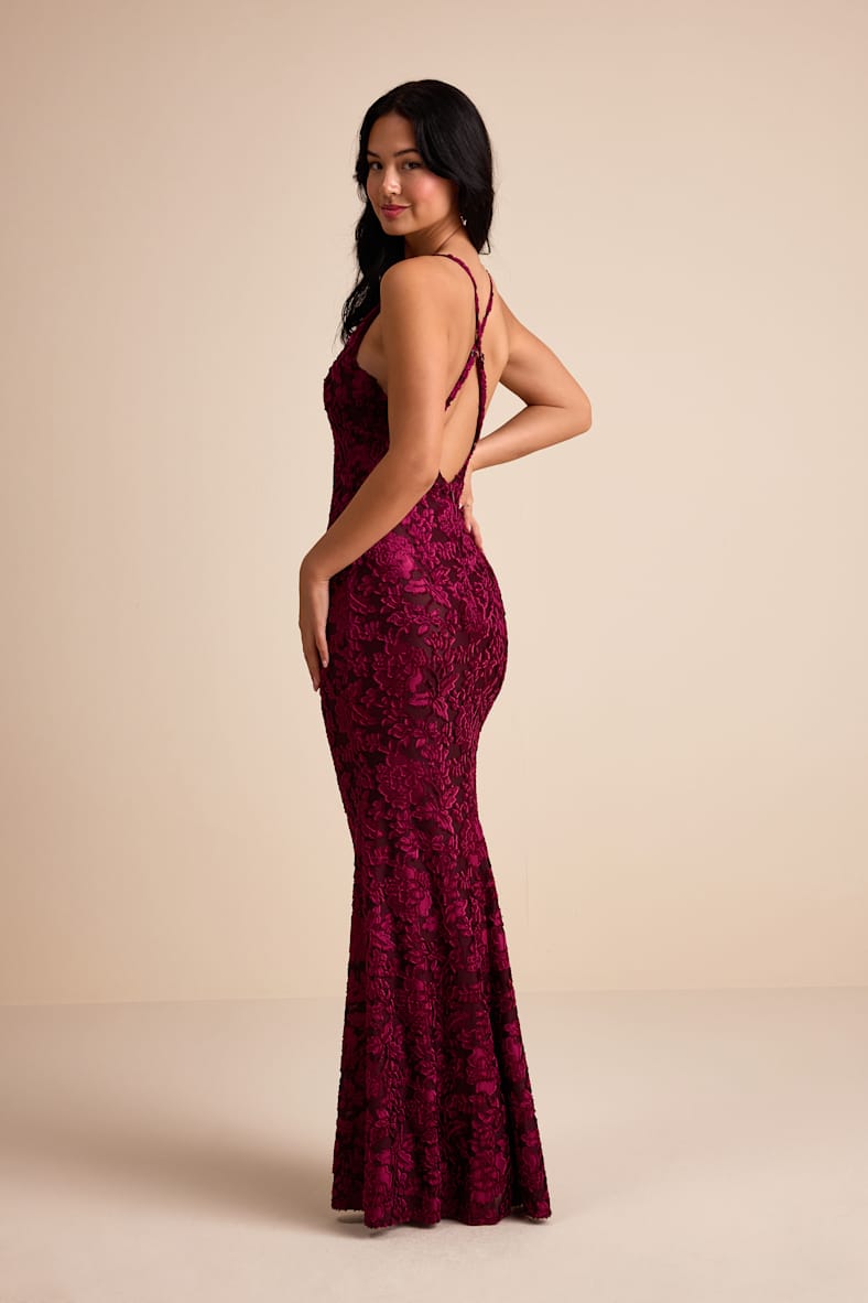Renissa Burgundy Burnout Velvet Backless Mermaid Maxi Dress