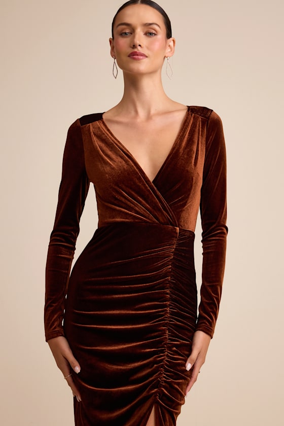 Yasna Brown Velvet Ruched Surplice Long Sleeve Maxi Dress 2