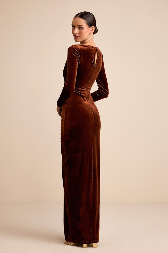 Yasna Brown Velvet Ruched Surplice Long Sleeve Maxi Dress 3