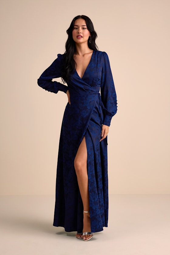 Maryn Navy Satin Jacquard Wrap Maxi Dress 1
