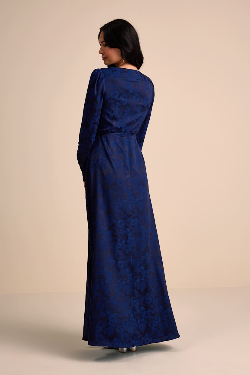 Navy Satin Jacquard Wrap Maxi Dress | Womens | Medium (Available in XS, S) | 100% Polyester | Lulus