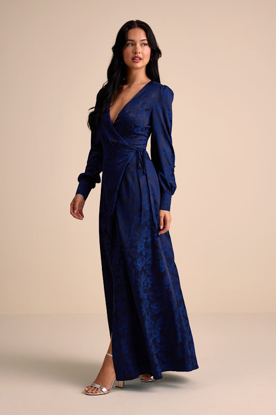 Navy Satin Maxi Dress - Navy Jacquard Dress - Wrap Maxi Dress - Image 4