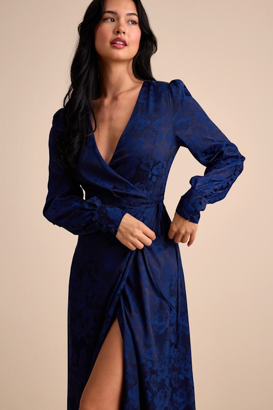 Navy Satin Maxi Dress - Navy Jacquard Dress - Wrap Maxi Dress - Image 5