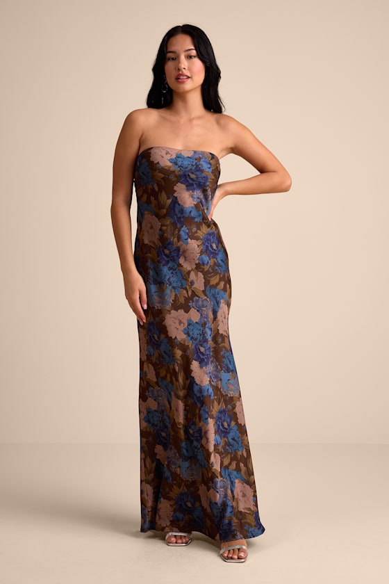 Artemisia Brown Multi Floral Strapless Bow Maxi Dress 2