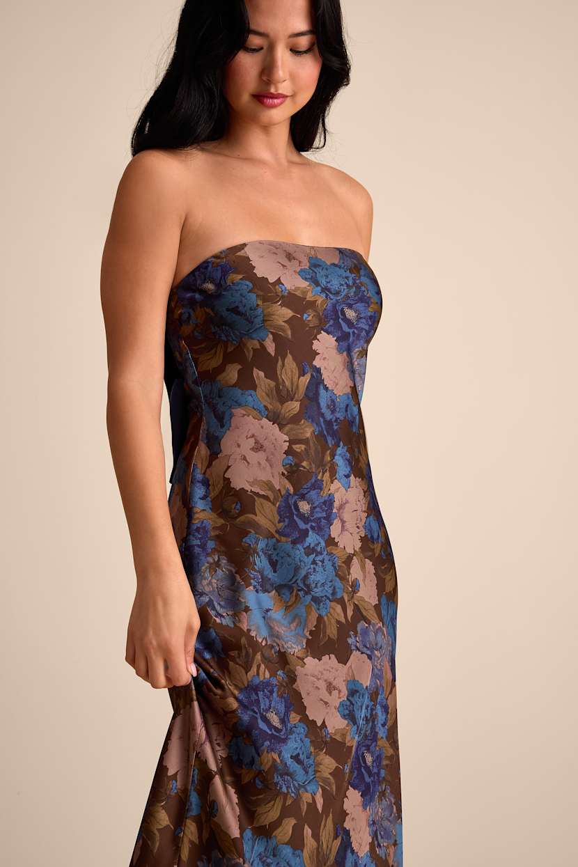 blue and brown floral dress In The Air Brown Ditsy Floral Scalloped Midi Dress – Shop the Mint