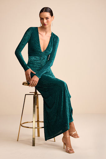 Demaline Emerald Velvet Striped Backless Maxi Dress 1