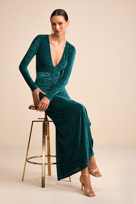Demaline Emerald Velvet Striped Backless Maxi Dress 1