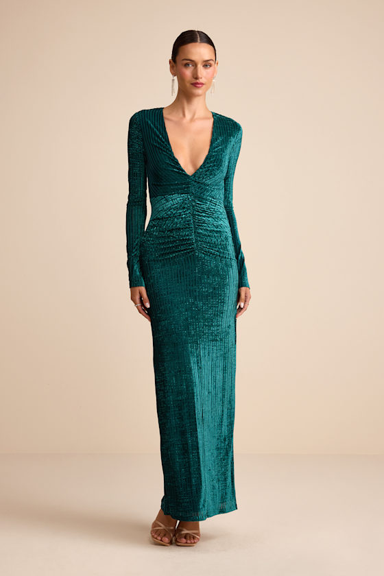 Demaline Emerald Velvet Striped Backless Maxi Dress 2