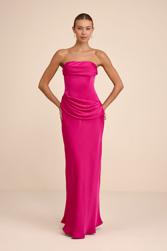 Verbena Magenta Satin Draped Strapless Maxi Dress 1