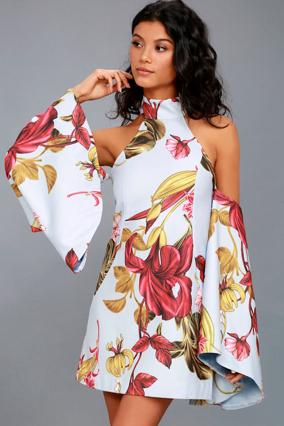 Fusion Light Blue Floral Print Cold Shoulder Mini Dress 3