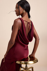 Aernah Wine Red Satin Cowl Tie-Back Slip Maxi Dress 1