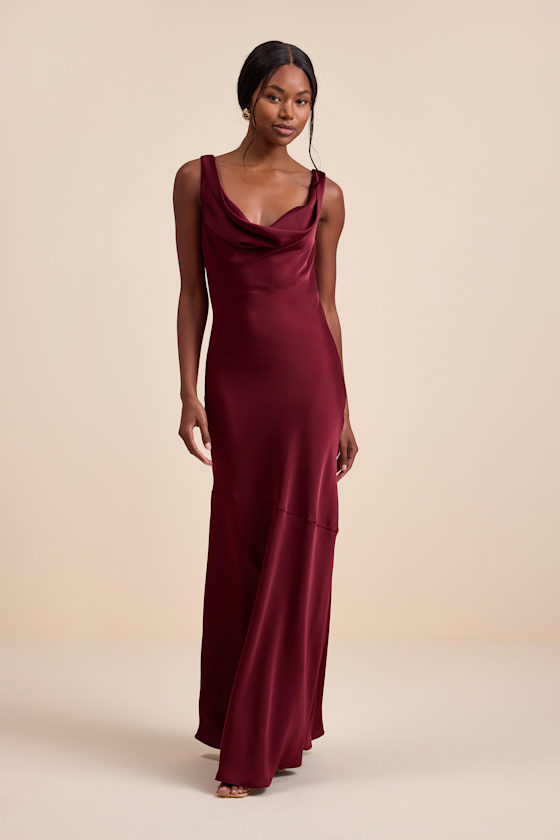 Aernah Wine Red Satin Cowl Tie-Back Slip Maxi Dress 2