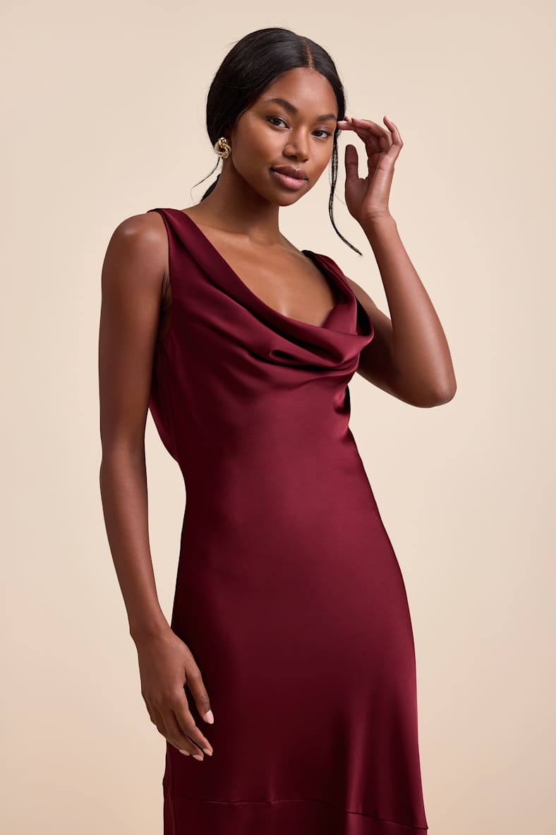 Aernah Wine Red Satin Cowl Tie-Back Slip Maxi Dress