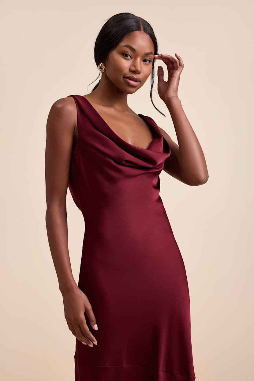 Aernah Wine Red Satin Cowl Tie-Back Slip Maxi Dress