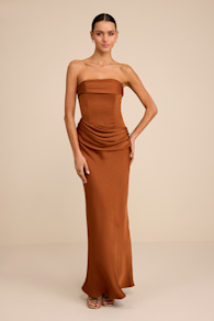 Verbena Bronze Satin Draped Strapless Maxi Dress 1