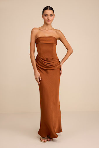 Verbena Bronze Satin Draped Strapless Maxi Dress 1