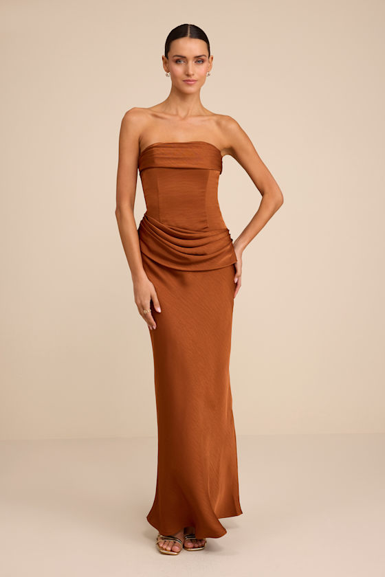 Verbena Bronze Satin Draped Strapless Maxi Dress 1