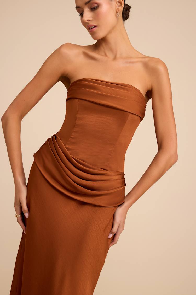 Bronze Satin Dress - Strapless Draped Dress - Satin Maxi Dress - Lulus