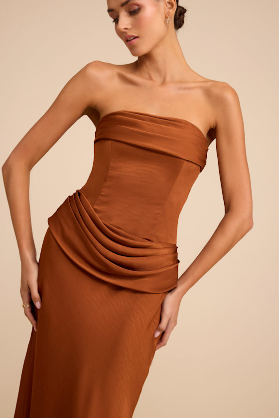 Verbena Bronze Satin Draped Strapless Maxi Dress 2