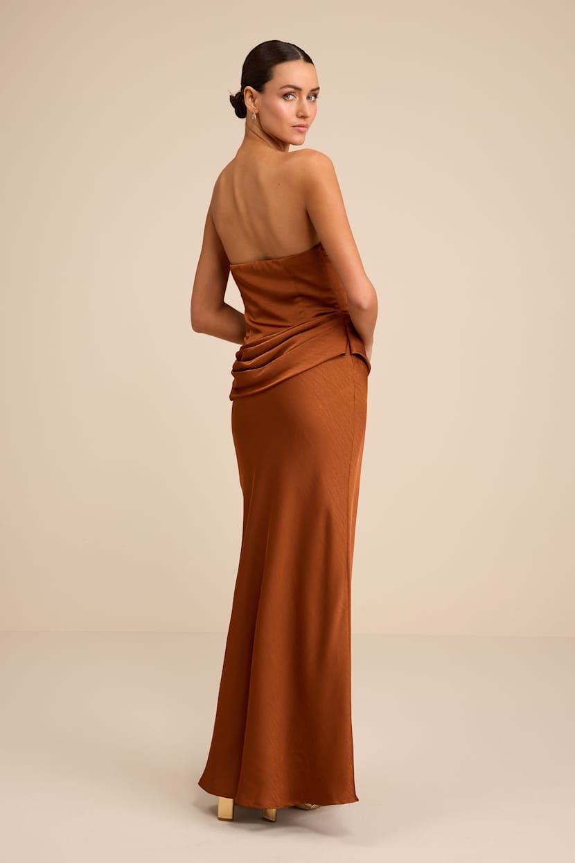 Orange Verbena Bronze Satin Draped Strapless Maxi Dress | Womens | X-Large | 100% Polyester