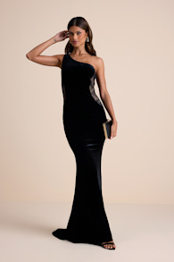 Razela Black Velvet Lace One-Shoulder Maxi Dress 2