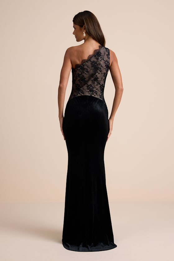 Razela Black Velvet Lace One-Shoulder Maxi Dress 4