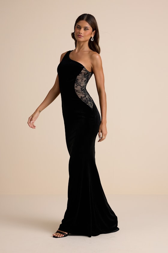 Razela Black Velvet Lace One-Shoulder Maxi Dress 5