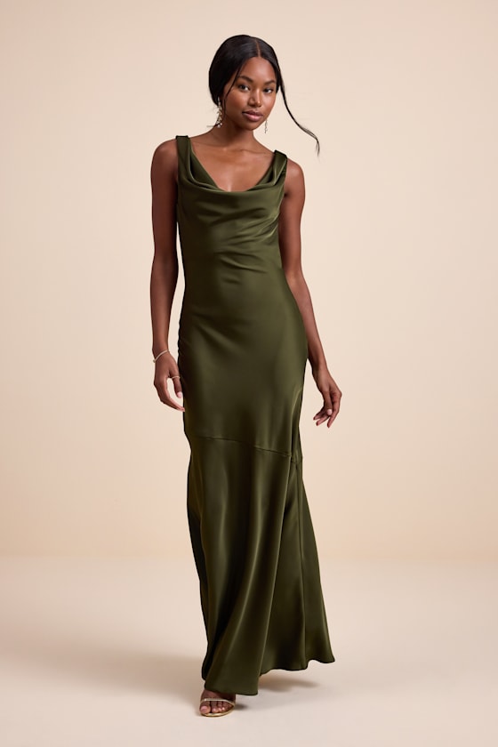 Aernah Olive Satin Cowl Tie-Back Slip Maxi Dress - thumbnail 4