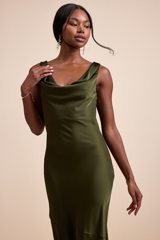 Aernah Olive Satin Cowl Tie-Back Slip Maxi Dress - thumbnail 5