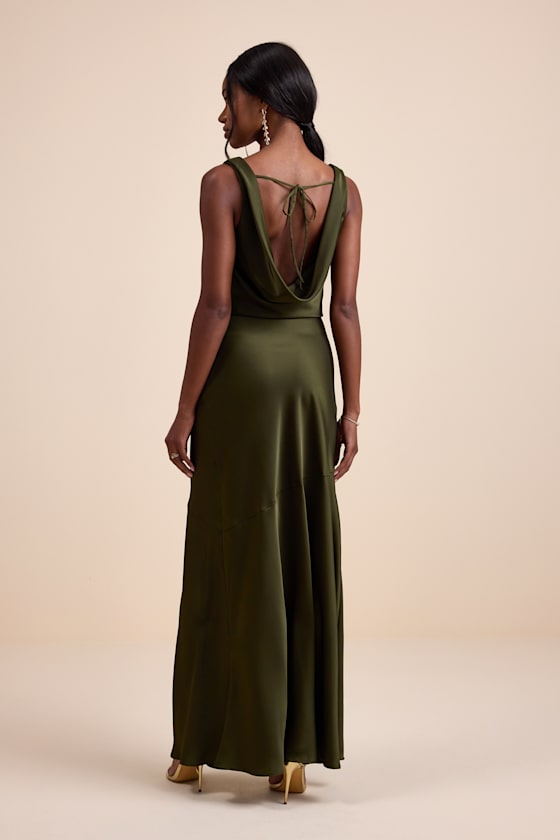 Aernah Olive Satin Cowl Tie-Back Slip Maxi Dress - thumbnail 3