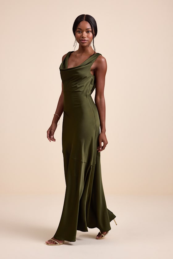 Aernah Olive Satin Cowl Tie-Back Slip Maxi Dress - thumbnail 2
