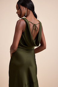 Aernah Olive Satin Cowl Tie-Back Slip Maxi Dress 6