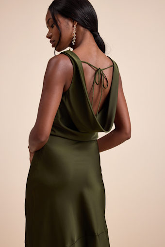 Aernah Olive Satin Cowl Tie-Back Slip Maxi Dress 6