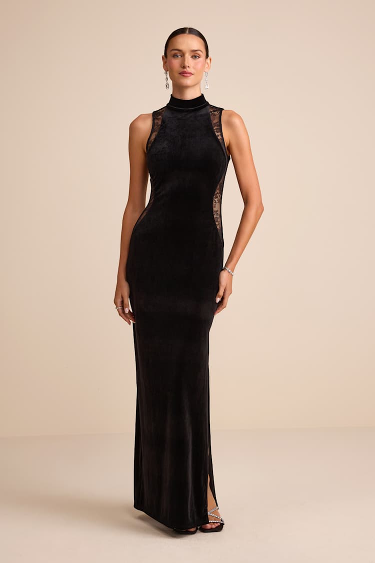 high neck black velvet dress Black Velvet Mock Neck Maxi Dress – shopaleena main image 1