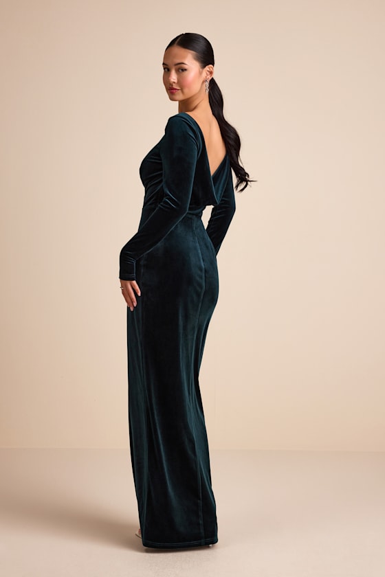Emerald Velvet Dress - Cowl Back Maxi Dress - Long Sleeve Dress