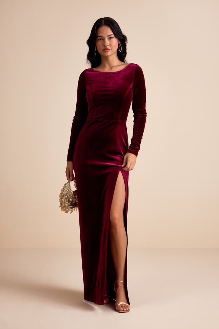 Duarte Burgundy Velvet Cowl Back Long Sleeve Maxi Dress