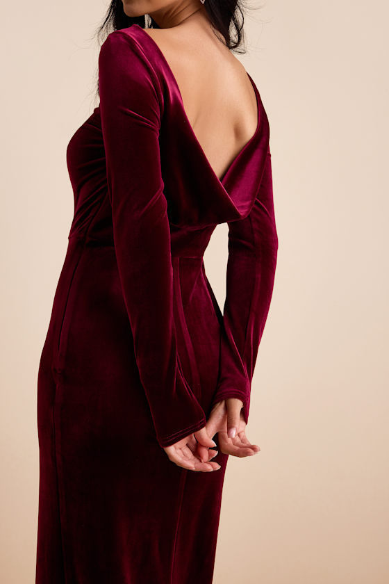 Duarte Burgundy Velvet Cowl Back Long Sleeve Maxi Dress 6