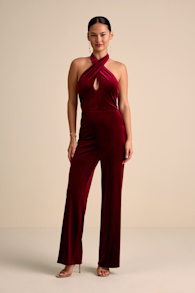 Yvania Burgundy Velvet Cross-Front Halter Jumpsuit 1