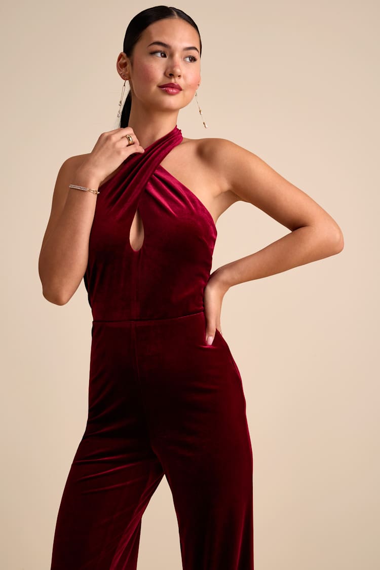 Yvania Burgundy Velvet Cross-Front Halter Jumpsuit