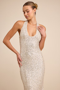 Velenia Champagne Sequin Halter Mermaid Maxi Dress 1