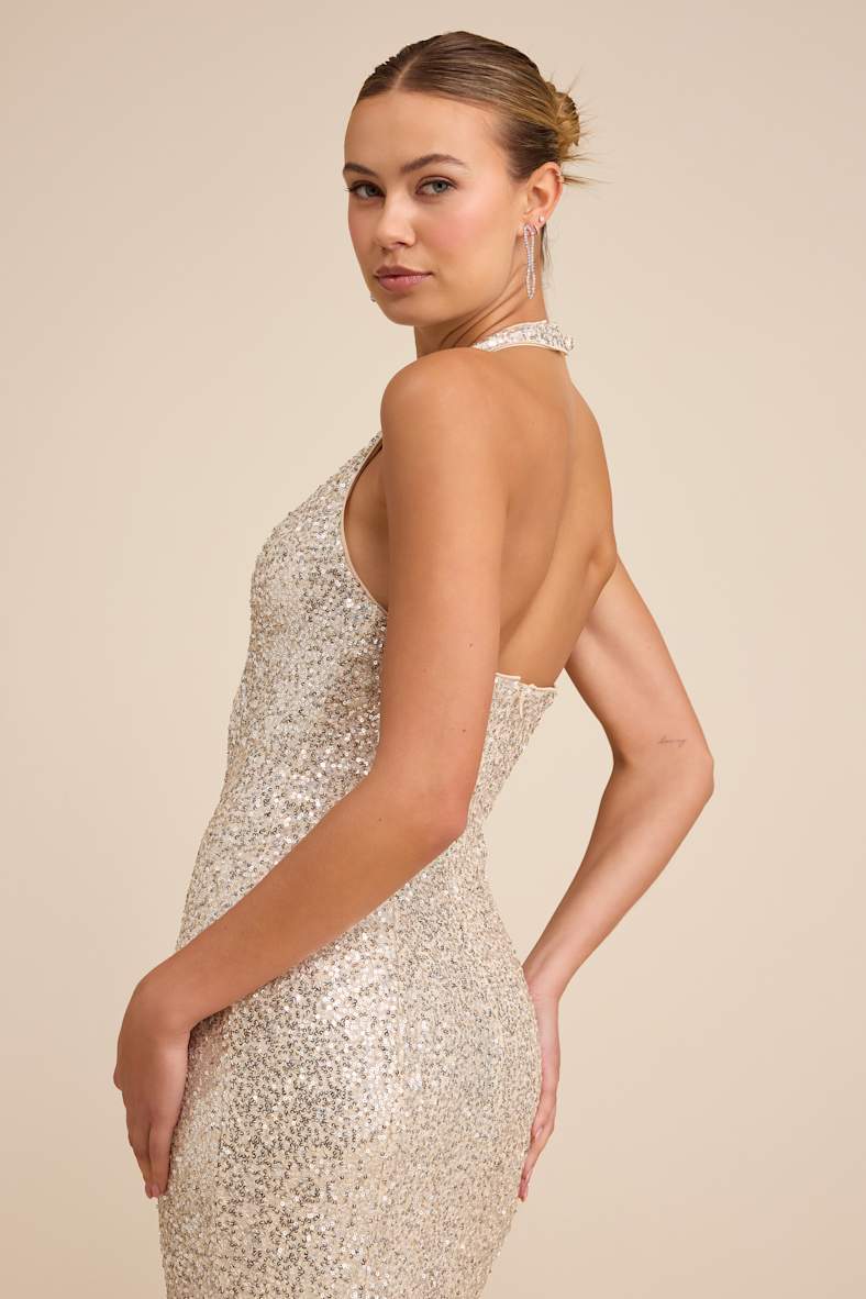 Velenia Champagne Sequin Halter Mermaid Maxi Dress